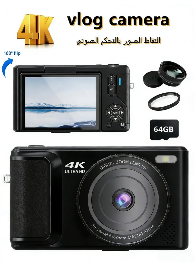 ZONBON Digital Camera, 4K Vlogging Camera, Kids Camera 64MP Point and Shoot Digital Cameras with 64GB TF Card, 16X Zoom,Voice-controlled shuttermera - Image 1
